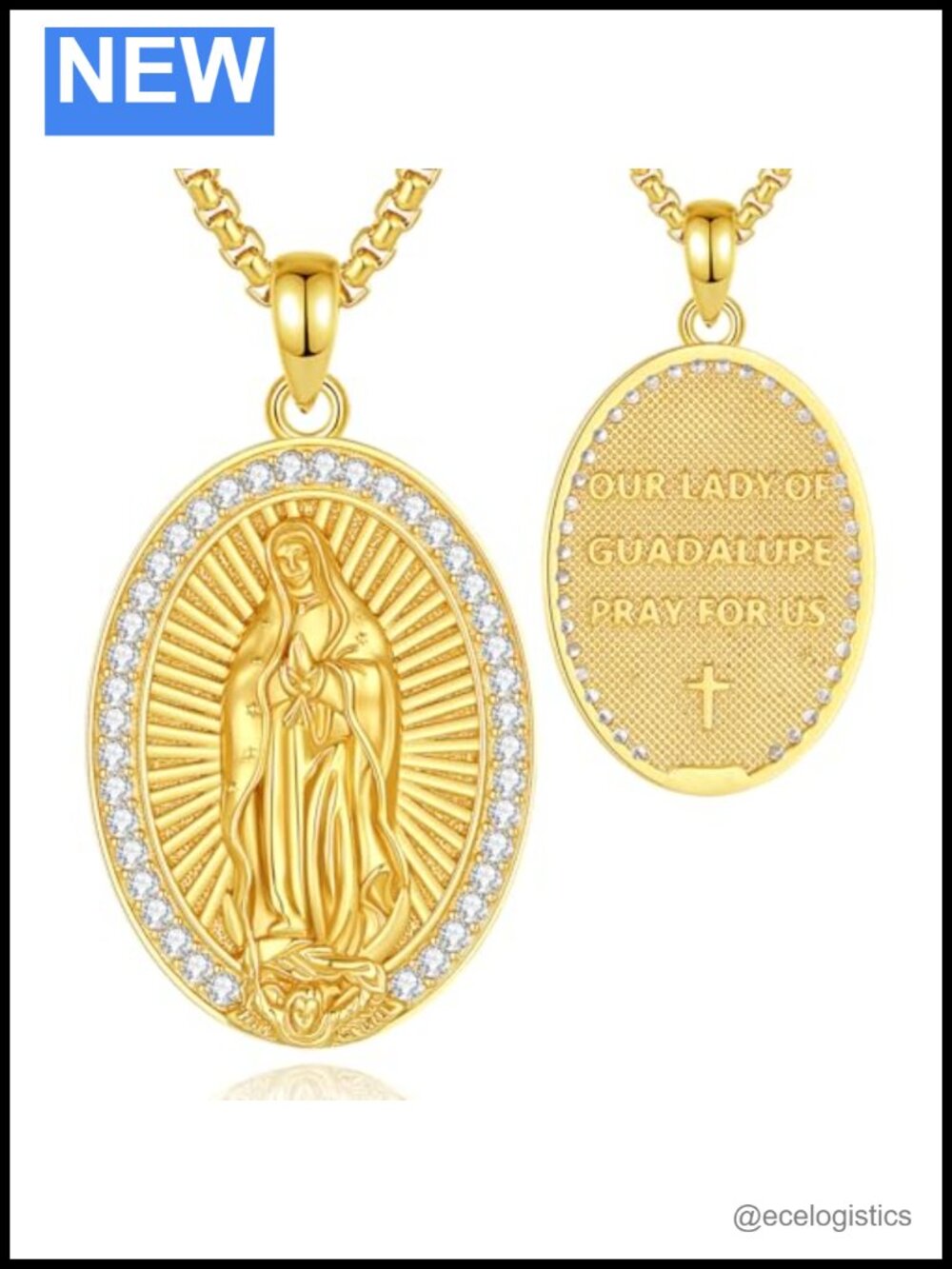 Virgen de Guadalupe Pendant Necklace Gold Plated 22" Box Chain Religious Gift